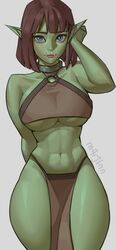  1girls absurd_res blue_eyes brown_hair collar fangs female female_only green-skinned_female green_skin loincloth looking_at_viewer m4rjinn medium_hair o-ring orc orc_female original pelvic_curtain pointy_ears revealing_clothes skimpy_clothes solo thick_thighs toned toned_female 