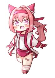  animal_ears bandaid bandaid_on_leg bow bulma_briefs buruma ear_bow ear_covers female fingerless_gloves flower-shaped_pupils flower_in_eye gloves haru_urara_(bestest_prize)_(umamusume) haru_urara_(umamusume) headband horse_ears horse_girl horse_tail jacket komari_0510 long_hair open_mouth pink_buruma pink_hair pink_headband ponytail red_buruma red_gloves red_headband shirt smile socks solo striped_clothes striped_socks symbol-shaped_pupils symbol_in_eye tail umamusume white_jacket white_shirt 