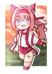  animal_ears bandaid bandaid_on_leg bow bulma_briefs buruma ear_bow ear_covers female fingerless_gloves flower-shaped_pupils flower_in_eye gloves haru_urara_(bestest_prize)_(umamusume) haru_urara_(umamusume) headband horse_ears horse_girl horse_tail jacket komari_0510 long_hair open_mouth pink_buruma pink_hair pink_headband ponytail red_buruma red_gloves red_headband shirt smile socks solo striped_clothes striped_socks symbol-shaped_pupils symbol_in_eye tail umamusume white_jacket white_shirt 