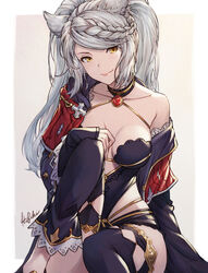  animal_ears braid breasts choker erune female fraux granblue_fantasy grey_hair ivris jewelry medium_breasts pendant robe signature sitting smile solo thighhighs twintails yellow_eyes 