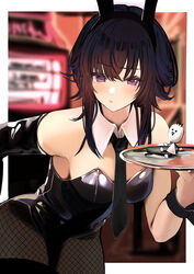  absurdres animal_ears black_gloves black_hair black_leotard black_necktie black_pantyhose blurry blurry_background blush breasts closed_mouth commentary cowboy_shot detached_collar elbow_gloves fake_animal_ears female fishnet_pantyhose fishnets gloves highres holding holding_tray ichinose_uruha leaning_forward leotard long_hair looking_at_viewer lupinus_virtual_games medium_breasts necktie oreazu pantyhose playboy_bunny pout purple_eyes rabbit_ears shiny_clothes single_elbow_glove single_glove solo standing strapless strapless_leotard tray virtual_youtuber vspo! wing_collar wolf_cut wrist_cuffs 