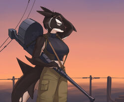  alba_(smoothsharb) anthro autocannon avoid_posting big_breasts big_ears black_body blue_eyes bottomwear breasts brush brushing brushing_hair cargo_pants cetacean clothing countershading crop_top dolphin ear_piercing elbow_fin female frown gun hair hi_res machine_gun mammal marine muscular muscular_female navel oceanic_dolphin orca pants personal_grooming piercing ranged_weapon sea sharp_teeth ship shirt simple_background smoothsharb solo styling_hair sunset suspenders teeth toothed_whale topwear vehicle water watercraft weapon wetsuit whale_tail white_body white_countershading 