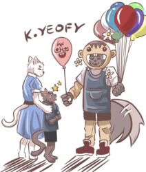  age_difference ambiguous_gender anthro barefoot bottomwear canid canine closed_eyes clothed clothing domestic_cat dress feet felid feline felis female flower footwear fully_clothed fursuit_head group hand_on_shoulder hi_res holding_balloon k-yeofy long_sleeve_shirt male male_(lore) mammal mascot_costume offering_to_another older_female older_male overalls pants plant reverse_furry shirt shoes shorts smile sneakers standing t-shirt tail tail_motion tailwag topwear trio young young_ambiguous young_anthro younger_ambiguous 