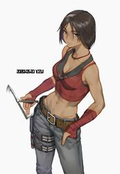  abs animification artist_name balisong bandaged_arm bandages black_sports_bra breasts brown_eyes brown_hair caveira_(rainbow_six_siege) cleavage commentary_request contrapposto cowboy_shot crop_top dark-skinned_female dark_skin dated denim female fingernails grey_pants gun hand_in_pocket handgun holding holding_knife holster holstered jeans jewelry knife low_ponytail medium_breasts midriff navel necklace pants rainbow_six_siege red_tank_top solo sports_bra tank_top thigh_holster toned twirling_weapon weapon white_background youzu_(youzuyozu) 