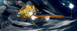  battle_rifle black_hat black_jacket blonde_hair blue_eyes breasts chinese_commentary closed_mouth female g43_(girls&#039;_frontline) gewehr_43 girls&#039;_frontline gorilla_fei gun hat highres holding holding_gun holding_weapon jacket looking_away medium_breasts medium_hair military military_hat military_uniform night rifle scope smile solo uniform upper_body weapon 