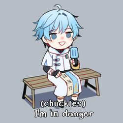  1boy bench blue_hair chongyun_(genshin_impact) commentary_request empty_eyes english_text fingerless_gloves food genshin_impact gloves half-closed_eyes ice_cream male_focus meme sea_(azure_pastel) short_sleeves sitting smile the_simpsons 