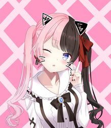  animal_ears black_bow black_hair black_nails black_neckwear black_ribbon blue_eyes blunt_bangs bow breasts brooch collarbone collared_shirt drawn_ears drawn_whiskers earrings face_filter female frills hair_ribbon high-waist_skirt highres iris_black_games jewelry long_hair long_sleeves looking_at_viewer medium_breasts multicolored_hair nail_polish one_eye_closed open_mouth pink_background pink_hair red_ribbon ribbon shirt shun_(shu1344) skirt solo split-color_hair suspenders tachibana_hinano_(1st_costume) tachibana_hinano_(vtuber) twintails two-tone_hair v virtual_youtuber vspo! white_shirt 