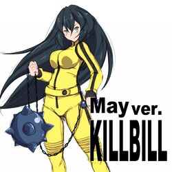  ball_and_chain_(weapon) beatrix_kiddo beatrix_kiddo_(cosplay) black_hair bruce_lee&#039;s_jumpsuit caption clenched_hands cosplay female green_eyes gundam gundam_build_divers gundam_build_divers_re:rise jumpsuit kill_bill kunney long_hair looking_to_the_side may_(gundam_build_divers_re:rise) simple_background spiked_ball_and_chain weapon white_background yellow_jumpsuit 