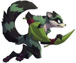  4_toes action_pose alpha_channel anthro avoid_posting claws clenched_teeth elranno feet female fur green_body green_fur hi_res leaf mammal maypul nude official_art pawpads paws pink_pawpads pose procyonid raccoon rivals_of_aether simple_background soles solo teeth toes transparent_background wrist_blades 