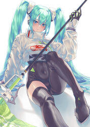  absurdres banana_oekaki black_bodysuit black_gloves blue_eyes blue_hair bodysuit closed_mouth commentary covered_navel crop_top female flag gloves goodsmile_racing hair_between_eyes hatsune_miku highres holding holding_flag long_hair long_sleeves looking_at_viewer race_queen racing_miku racing_miku_(2022) simple_background sitting smile solo sweater twintails very_long_hair vocaloid white_background white_sweater 