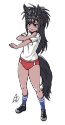  acesrulez animal_ears black_hair brown_eyes brown_thoroughbred_(kemono_friends) buruma dark-skinned_female dark_skin extra_ears female gloves gym_shirt gym_uniform horizontal_pupils horse_ears horse_girl horse_tail kemono_friends kemono_friends_3 long_hair red_buruma shirt simple_background smile solo sportswear tail 