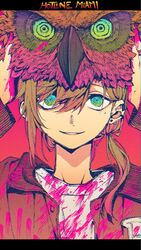  1boy arms_up bird blood blood_on_clothes blood_on_hands blue_eyes brown_hair brown_jacket gradient_eyes green_eyes hair_between_eyes highres holding hotline_miami jacket kanae_(nijisanji) letterboxed long_sleeves looking_at_viewer maki_keigo male_focus mole mole_under_eye multicolored_eyes nijisanji owl parted_lips pink_blood ponytail shirt simple_background solo virtual_youtuber white_shirt 