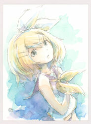  bare_shoulders blonde_hair blue_eyes bow epoxy_putty female hair_ornament hairbow hairclip kagamine_rin neckerchief painting_(medium) sailor_collar school_uniform shirt short_hair sleeveless sleeveless_shirt solo swept_bangs traditional_media treble_clef upper_body vocaloid watercolor_(medium) white_bow white_shirt yellow_neckerchief 