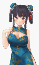  bad_id bad_pixiv_id bare_arms bare_shoulders black_hair blue_dress blush braid breasts bun_cover china_dress chinese_clothes cleavage commentary_request commission double_bun dress female grey_background grey_eyes hair_bun hand_up highres jfjf large_breasts looking_at_viewer original short_hair sidelocks simple_background skeb_commission sleeveless sleeveless_dress solo upper_body 