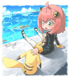  anya_(spy_x_family) artist_name blue_sky blush bosstseng cloud crossover day eden_academy_school_uniform female green_eyes hairpods headpat lolicon medium_hair open_mouth outdoors pikachu pink_hair pokemon pokemon_(creature) school_uniform sitting sky spy_x_family teeth upper_teeth_only water watermark 