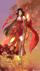  absurdres artist_request bare_legs brown_hair china_dress chinese_clothes cleavage_cutout closed_mouth clothing_cutout commentary_request detached_sleeves dress embers expressionless facial_mark female fire forehead_mark full_body glowing hair_ornament hair_rings highres huo_linger_(wanmei_shijie) leaf long_hair maple_leaf red_dress sandals second-party_source solo wanmei_shijie 