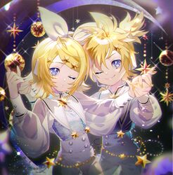  1boy anniversary blonde_hair blue_eyes blurry bow commentary depth_of_field disco_ball female hair_ornament hairbow headphones holding_hands kagamine_len kagamine_rin looking_at_viewer nail_polish one_eye_closed pants puckered_lips sailor_collar sawashi_(ur-sawasi) see-through see-through_sleeves shirt short_hair short_ponytail smile spiked_hair star_(symbol) star_hair_ornament star_ornament swept_bangs upper_body vocaloid white_bow white_pants white_sailor_collar white_shirt yellow_nails 