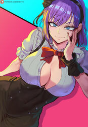  blue_eyes breasts cleavage commentary covered_navel covered_nipples dagashi_kashi female high-waist_skirt highres large_breasts light_smile long_hair looking_at_viewer nail_polish patreon_username purple_hair shexyo shidare_hotaru skirt smile solo watermark 