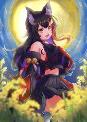  animal_ear_fluff animal_ears bell black_hair blush breasts female hair_between_eyes hair_ornament hairclip highres hololive long_hair looking_at_viewer meadow mihaeru moon multicolored_hair night night_sky ookami_mio ookami_mio_(1st_costume) open_mouth red_hair sky smile solo streaked_hair tail thighs virtual_youtuber wolf_ears wolf_girl wolf_tail yellow_eyes 