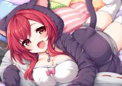  :d absurdres animal_ear_hood animal_ears azur_lane breasts cat_girl cat_tail cleavage fake_animal_ears female highres hood hoodie i-19_(azur_lane) i-19_(pillowy_paradise)_(azur_lane) kinomiki_nobori large_breasts long_hair lying oerba_yun_fang on_stomach open_clothes open_hoodie open_mouth oppai_loli pendant_choker pillow red_eyes red_hair shorts skin_fang sleeves_past_wrists smile solo tail thighhighs white_thighhighs 