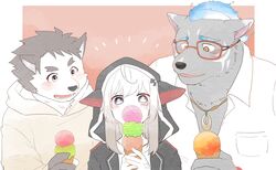  anthro blonde_hair blush canid canine canis clothing dessert dog_operator domestic_dog dress_shirt eating eyewear female food furlong_(live_a_hero) glasses group hair hi_res hood hoodie human hyena ice_cream jewelry lifewonders live_a_hero male mammal melide necklace one_konta1123 protagonist_(live_a_hero) shirt topwear trio 