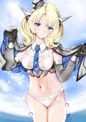  blonde_hair blue_eyes blue_necktie braid breasts capelet colorado_(kancolle) cowboy_shot elbow_gloves female garrison_cap gloves grey_hat hat headgear kantai_collection large_breasts navel necktie shirt short_hair signature sleeveless sleeveless_shirt solo wet wet_clothes white_shirt yamasaki_wataru 