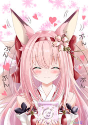  absurdres animal_ears azur_lane bare_shoulders blush breasts closed_eyes closed_mouth facing_viewer female flower fox_ears fox_girl fox_tail gift hair_flower hair_ornament hairband hanazuki_(azur_lane) happy heart highres holding holding_gift japanese_clothes kimono long_hair medium_breasts nako_nya pink_flower pink_hair simple_background smile solo tail tea translated white_background white_kimono 