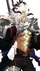  1boy abs armor bangs bara cape chest dark_skin dark_skinned_male fate/apocrypha fate/grand_order fate_(series) from_side gauntlets gloves green_eyes groping horns long_hair looking_at_viewer male_focus muscle nipples open_clothes open_mouth pants pectorals platinum_blonde_hair q307011598 scar siegfried_(fate) solo tight weapon white_background white_hair 