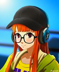  :3 artist_name black_hat blue_background blue_sky blunt_bangs blush coat commentary female glasses green_coat hat headphones headphones_over_headwear heart highres hime_cut hood hood_down hooded_coat long_hair orange_hair pegozuki persona persona_5 persona_5_scramble:_the_phantom_strikers pixel_heart railing sakura_futaba shirt simple_background sky solo sunlight t-shirt yellow_shirt 