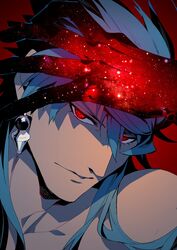  1boy bare_shoulders blue_hair close-up closed_mouth dark_blue_hair dark_skin earrings eye_focus fate/grand_order fate_(series) gloves glowing glowing_eyes hair_between_eyes highres jewelry koshiro_itsuki long_hair looking_at_viewer male_focus muscular muscular_male protected_link red_background red_eyes romulus_quirinus_(fate) single_earring solo topless_male upper_body 