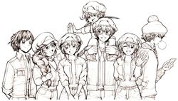  2boys 5girls 871_(hatarakanai_saibou) aa-5100 ae-3803 arms_behind_back beanie blowing_bubbles braid carrying chewing_gum chinese_commentary commentary_request erythroblast_(hataraku_saibou) glasses gloves greyscale hand_in_pocket hat hatarakanai_saibou hataraku_saibou hataraku_saibou_baby hataraku_saibou_black hataraku_saibou_friend high_five im-1235 jacket lolicon long_hair looking_at_another looking_at_viewer low_twintails lucylusstories monochrome multiple_boys multiple_girls open_mouth pom_pom_(clothes) prototype_design red_blood_cell_(hataraku_saibou) red_blood_cell_(hataraku_saibou_baby) shoes short_hair shoulder_carry single_braid sneakers twin_braids twintails uniform upper_body 