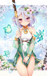  antenna_hair bare_shoulders blue_sky blush breasts closed_mouth cloud collarbone covered_navel cowboy_shot creature day detached_sleeves dress elf female floating flower grey_hair hair_between_eyes hair_flower hair_ornament highres holding holding_staff kokkoro_(princess_connect!) leaf long_sleeves looking_at_viewer outdoors outside_border petals pink_flower pointy_ears princess_connect! purple_eyes revision see-through short_dress short_hair sky small_breasts smile solo staff taro_(ultrataro) thighs two-tone_dress 