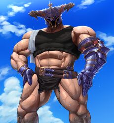  1boy abs absurdres alternate_costume bara bare_shoulders black_tank_top blue_sky cloud day draph facing_viewer feet_out_of_frame gauntlets granblue_fantasy helmet highres horns large_pectorals male_focus midriff muscular muscular_male musou_luf navel outdoors pectorals pelvic_curtain sky solo stomach tank_top thick_thighs thighs torn_clothes vaseraga veins wet wet_clothes 