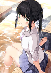  absurdres arm_support ashiyu bag bare_legs barefoot black_hair blue_skirt blurry blurry_background blush bra breasts closed_mouth collared_shirt commentary_request depth_of_field dress_shirt feet female foot_bath green_eyes highres kura_ekaki long_hair medium_breasts onsen original pleated_skirt ponytail purple_bra school_bag school_uniform shirt sidelocks sitting skirt smile soaking_feet solo steam underwear water white_shirt 