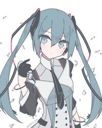  aqua_eyes aqua_hair bad_id bad_twitter_id black_gloves black_necktie bracelet commentary expressionless female formal giryu gloves grey_suit hair_ornament half_gloves hand_in_hand_(vocaloid) hatsune_miku holding holding_microphone jewelry long_hair magical_mirai_(vocaloid) magical_mirai_miku magical_mirai_miku_(2015) microphone necktie solo suit twintails twitter_username upper_body vocaloid white_background 