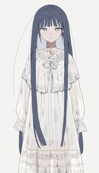  arms_at_sides bandage_on_neck blue_hair blunt_bangs closed_mouth empty_eyes expressionless feet_out_of_frame female gauze_on_chest highres lace-trimmed_nightgown light_frown long_hair long_sleeves looking_at_viewer loose_hair_strand nightgown original puffy_long_sleeves puffy_sleeves scar scar_on_chest scar_on_neck see-through_silhouette shirout00 sidelocks simple_background slit_pupils solo standing straight-on tsurime very_long_hair white_background white_eyes white_nightgown 