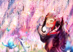  animal_ear_fluff animal_ears black_hair black_shirt blue_butterfly blurry blush bug butterfly feline female flower hololive long_hair mihaeru multicolored_hair official_alternate_costume ookami_mio ookami_mio_(casual) open_mouth ponytail red_hair shirt smile solo streaked_hair taiga_(ookami_mio) tail virtual_youtuber wisteria wolf_ears wolf_girl wolf_tail yellow_eyes 