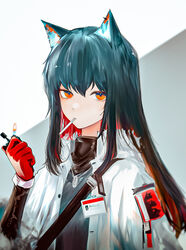  animal_ear_fluff animal_ears arknights black_hair cigarette female fire gloves grey_background id_card jacket jewelry lighter long_hair long_sleeves looking_at_viewer mouth_hold multicolored_hair necklace official_alternate_costume open_clothes open_jacket orange_eyes red_gloves red_hair runamonet shoulder_strap solo texas_(arknights) texas_(winter_messenger)_(arknights) two-tone_background two-tone_hair unbuttoned upper_body white_background white_jacket wolf_ears 