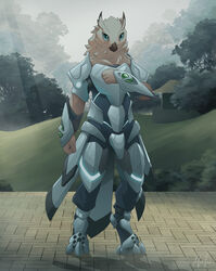  absurd_res anthro armor avian bird blue_eyes breastplate building cuisse digitigrade forest furgonomics grass halu hi_res light looking_at_viewer male metal neck_tuft outside owl pauldron plant pose signature sky solo standing tail_armor tree tuft vambrace warrior 