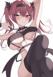  bad_id bad_twitter_id bat_wings black_thighhighs breasts chains choker cleavage collar female heterochromia highres hololive houshou_marine large_breasts legs_up lingerie long_hair marinesnow multicolored_eyes navel red_eyes red_hair solo thighhighs underboob underwear virtual_youtuber wings 