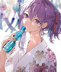  alternate_costume alternate_hairstyle bottle breasts commentary_request fate/stay_night fate_(series) female fingernails floral_print hair_between_eyes hair_ribbon highres holding holding_bottle japanese_clothes kimono large_breasts lips looking_at_viewer matou_sakura parted_lips pink_lips ponytail purple_eyes purple_hair ramune red_ribbon ribbon shimatori_(sanyyyy) smile solo teeth upper_body water_bottle white_kimono wind_chime yukata 