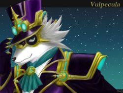  4:3 anthro blue_eyes canid canine clothing fox fur grey_body grey_fur hat headgear headwear kinaisan22511 lifewonders live_a_hero looking_at_viewer male mammal phantom_thief purple_and_gold purple_clothing sky solo star starry_sky supervillain vulpecula 