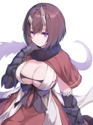  +_+ black_bra black_gloves bob_cut bra breasts broken_horn brown_hair capelet cleavage commentary_request demon_girl demon_horns dress elbow_gloves eriko_(princess_connect!) female fur-trimmed_capelet fur_trim gauntlets gloves highres horns inverted_bob large_breasts looking_at_viewer princess_connect! purple_eyes red_capelet red_dress ribucci short_hair simple_background smile solo spiked_tail tail underwear white_background 