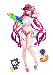  arm_up artist_logo belt bikini bikini_under_clothes bloom_(irys) blue_eyes bow breasts cocktail cocktail_glass cup double_halo drinking_glass eyewear_on_head feet female gloom_(irys) hairbow halo heterochromia highres holding hololive hololive_english horns innertube irys_(hololive) legs long_hair looking_at_viewer medium_breasts nail_polish open_mouth pointy_ears purple_eyes purple_hair sandals see-through shirt simple_background skyrail smile star-shaped_pupils star_(symbol) star_halo stomach sunglasses swim_ring swimsuit symbol-shaped_pupils thigh_strap toenail_polish toenails toes very_long_hair virtual_youtuber water_balloon water_gun wet wet_clothes wet_shirt white_background wristband 