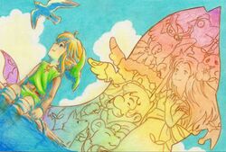  1boy artist_name belt bird blonde_hair blue_eyes blue_sky boots canine dutch_angle flower fox ghost ghost_by_the_bay_(link&#039;s_awakening) green_headwear hair_flower hair_ornament highres kaepora_gaebora lico_(sasya_k) link long_sleeves male_focus marin_(zelda) mushroom outdoors owl pointy_ears raft seagull sidelocks sky tarin the_legend_of_zelda the_legend_of_zelda:_link&#039;s_awakening wind_fish windfish&#039;s_egg 