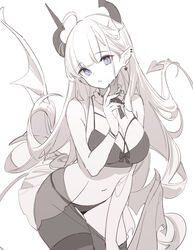  arched_back bad_id bad_twitter_id blue_eyes bra demon_girl demon_horns demon_tail demon_wings ear_piercing earrings female finger_to_cheek greyscale hair_on_horn highres horns jewelry leaning_forward lingerie looking_at_viewer monochrome nekojira original panties piercing pointy_ears simple_background spot_color tail thea_(nekojira) underwear wings 