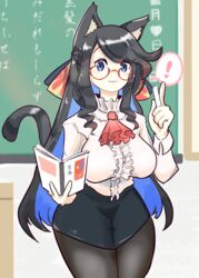  ! :3 alternate_costume animal_ear_fluff animal_ears ascot azur_lane bespectacled black_hair black_pantyhose black_skirt blue_eyes blue_hair blush book bow breasts cat_ears cat_tail center_frills chalk chalkboard classroom commentary_request cowboy_shot desk female frilled_shirt_collar frills fusou_(azur_lane) glasses hair_ornament hairbow highres himajin_(fd_jin) holding holding_book holding_chalk index_finger_raised large_breasts long_hair long_sleeves looking_at_viewer multicolored_hair pantyhose pencil_skirt red_ascot round_eyewear shirt sidelocks skirt smile solo spoken_exclamation_mark standing swept_bangs tail teacher two-tone_hair white_shirt 