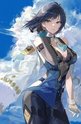  asymmetrical_gloves bare_shoulders blue_dress blue_sky bob_cut breasts buri_(retty9349) cleavage cloud diagonal_bangs dice dress elbow_gloves feather-trimmed_jacket female fur-trimmed_jacket fur_trim genshin_impact gloves green_eyes highres jacket jacket_on_shoulders large_breasts looking_to_the_side mole mole_on_breast parted_lips single_elbow_glove sky sleeveless sleeveless_dress solo tassel tassel_choker white_jacket yelan_(genshin_impact) 