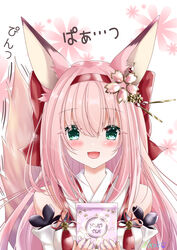  absurdres animal_ears azur_lane bare_shoulders blush breasts female flower fox_ears fox_girl fox_tail gift green_eyes hair_flower hair_ornament hairband hanazuki_(azur_lane) highres holding holding_gift japanese_clothes kimono long_hair looking_at_viewer medium_breasts nako_nya open_mouth pink_flower pink_hair simple_background smile solo tail tea translated white_background white_kimono 