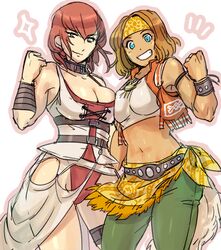  2girls bandana blue_eyes breasts brown_hair closed_mouth dark-skinned_female dark_skin gensou_suikoden gensou_suikoden_ii gensou_suikoden_v headband long_hair looking_at_viewer multiple_girls navel nikea oulan_(suikoden) red_hair sassa_(cb) short_hair simple_background smile white_background 